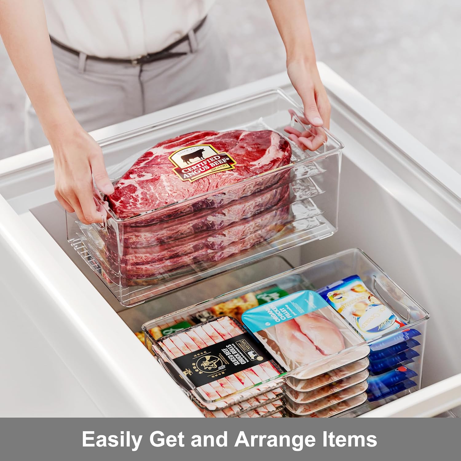 2 Pack Clear Freezer Organizer Bins Stackable Storage Bins with Side Handles for Kitchen Pantry