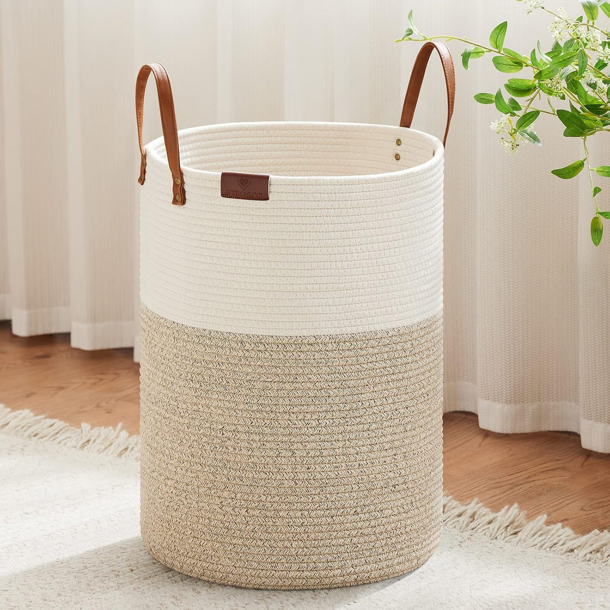 VIPOSCO Tall Laundry Basket, Large Dirty Clothes Hamper with Leather Handle, Woven Rope Storage