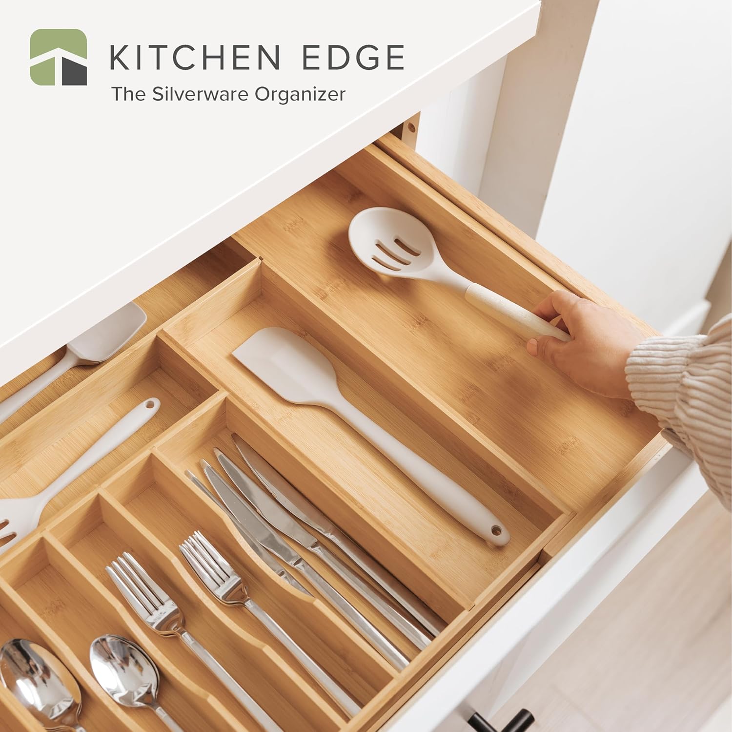 KitchenEdge Premium Silverware, Flatware and Utensil Organizer for Kitchen Drawers, Food-Safe