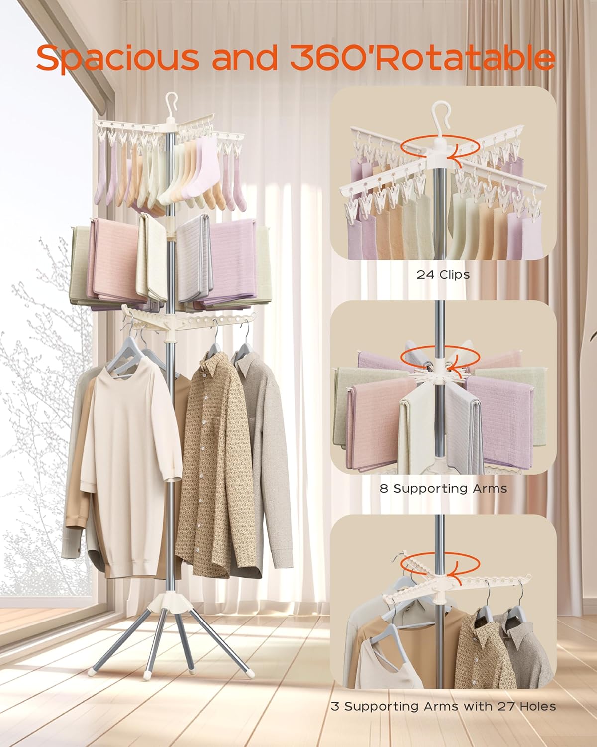 Clothes Drying Rack Foldable, 79.5 inch 3 Tier Laundry Drying Rack with Rotating Clothes Rail for