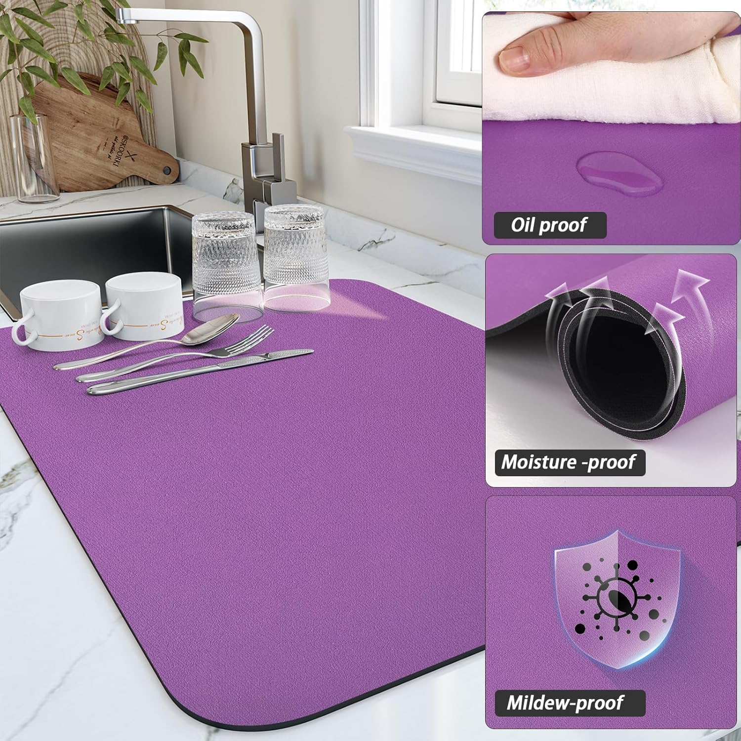 Dish Drying Mat for Kitchen Counter, Heat Resistant Drainer Mats with Non-slip Rubber Backed, Hide
