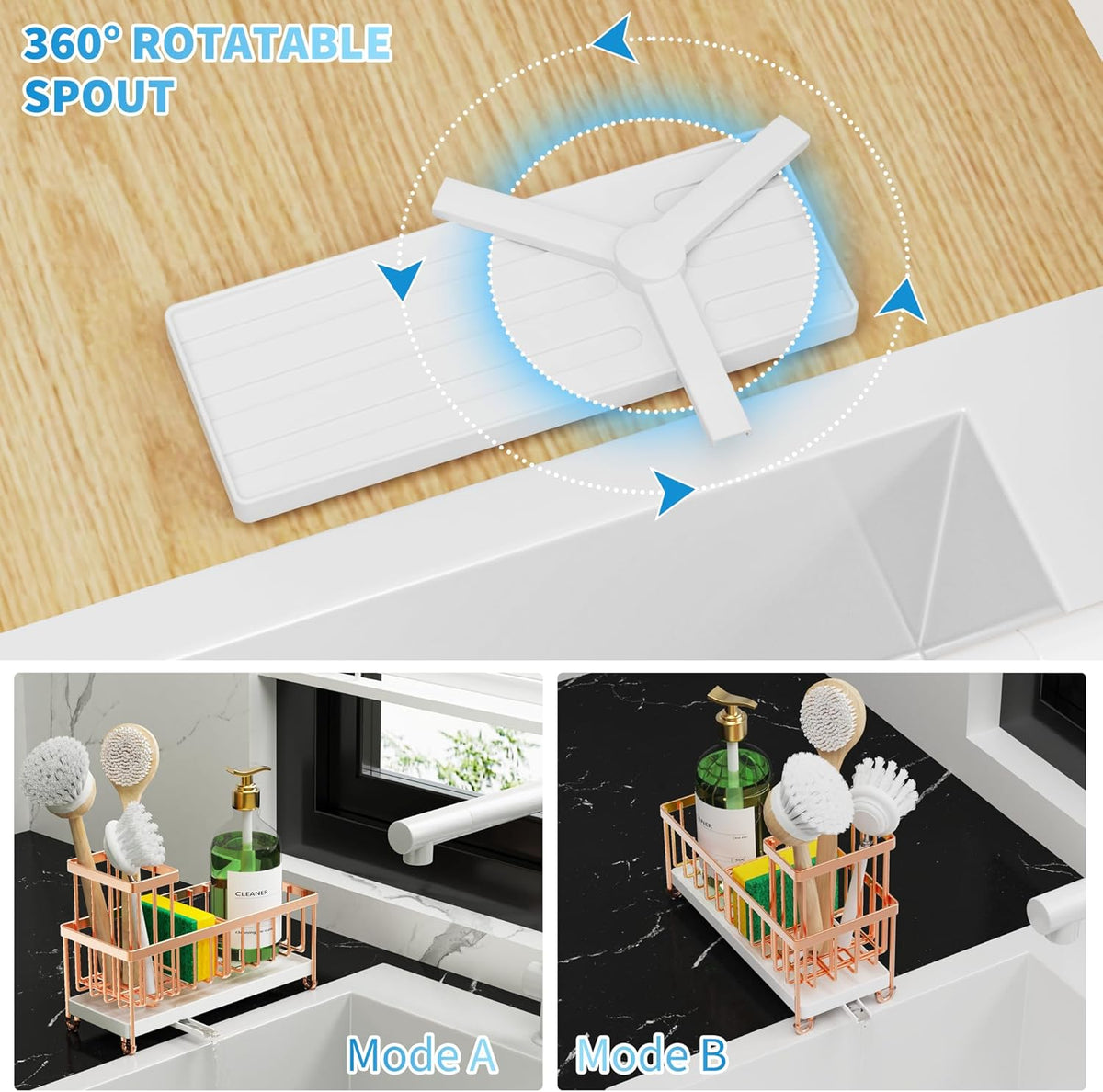 Cisily Rose Gold Sponge Holder for Kitchen Sink, Sink Caddy Organizer with High Brush Holder