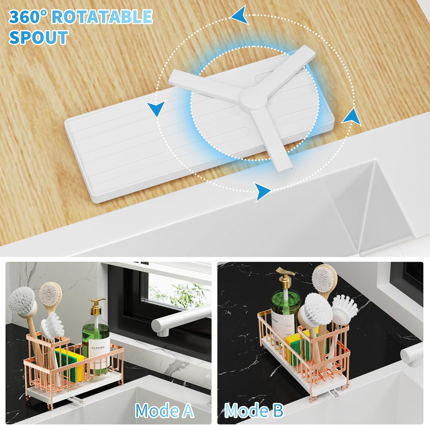 Cisily Rose Gold Sponge Holder for Kitchen Sink, Sink Caddy Organizer with High Brush Holder