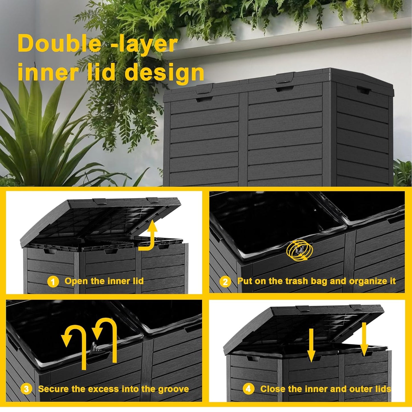 62 Gallon Outdoor Trash Can with Tiered Lid and Drip Tray,Waterproof Resin Waste Bin