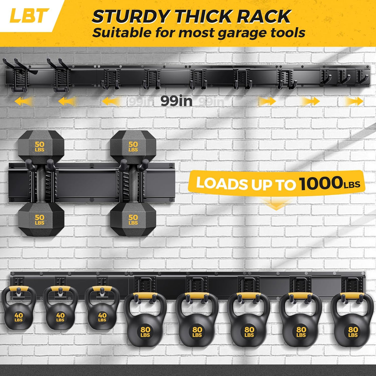 LBT 99" Garage Tool Organizer Wall Mount - 1000lbs Garden Tool Organizer with Adjustable Hooks