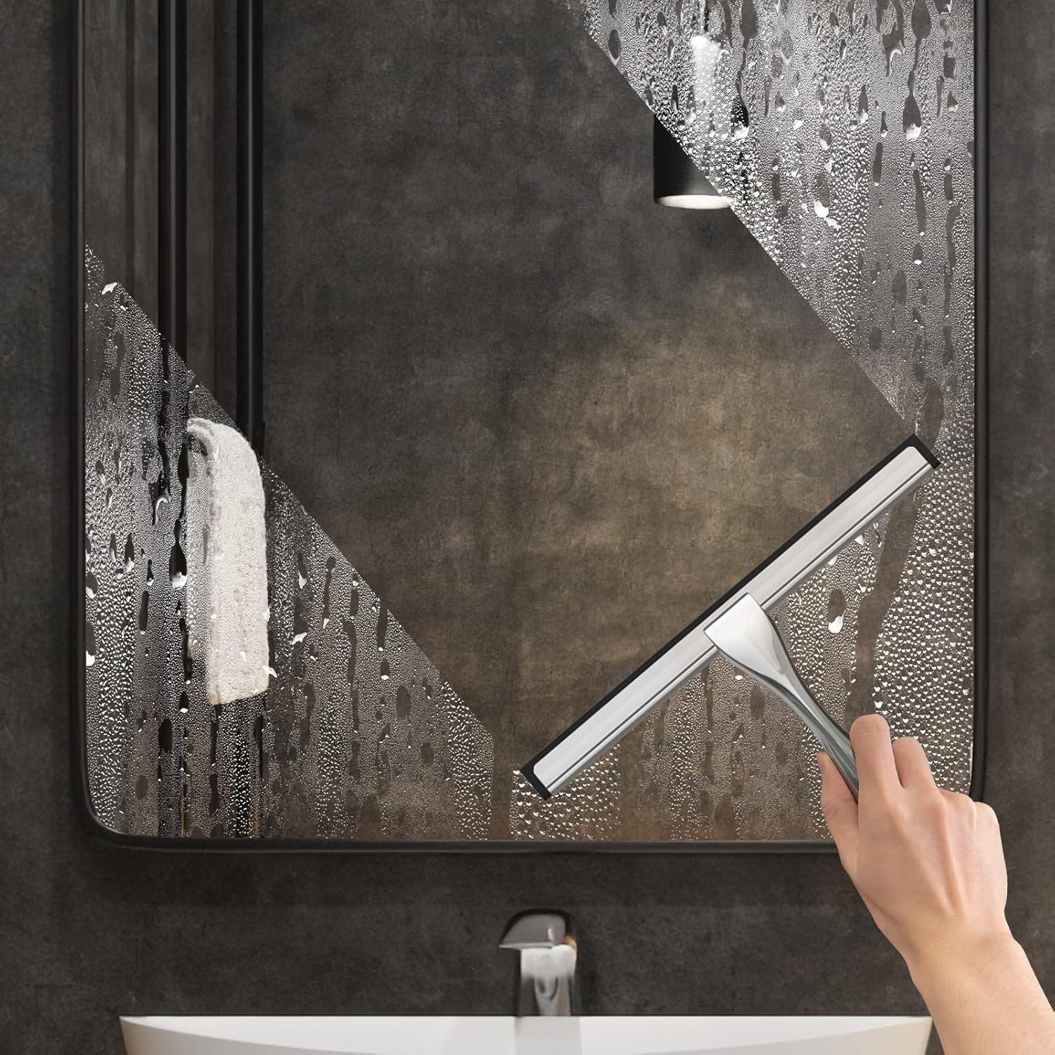 All-Purpose Stainless Steel Shower Squeegee for Shower Glass Door with 2 Adhesive Hooks, Bathroom