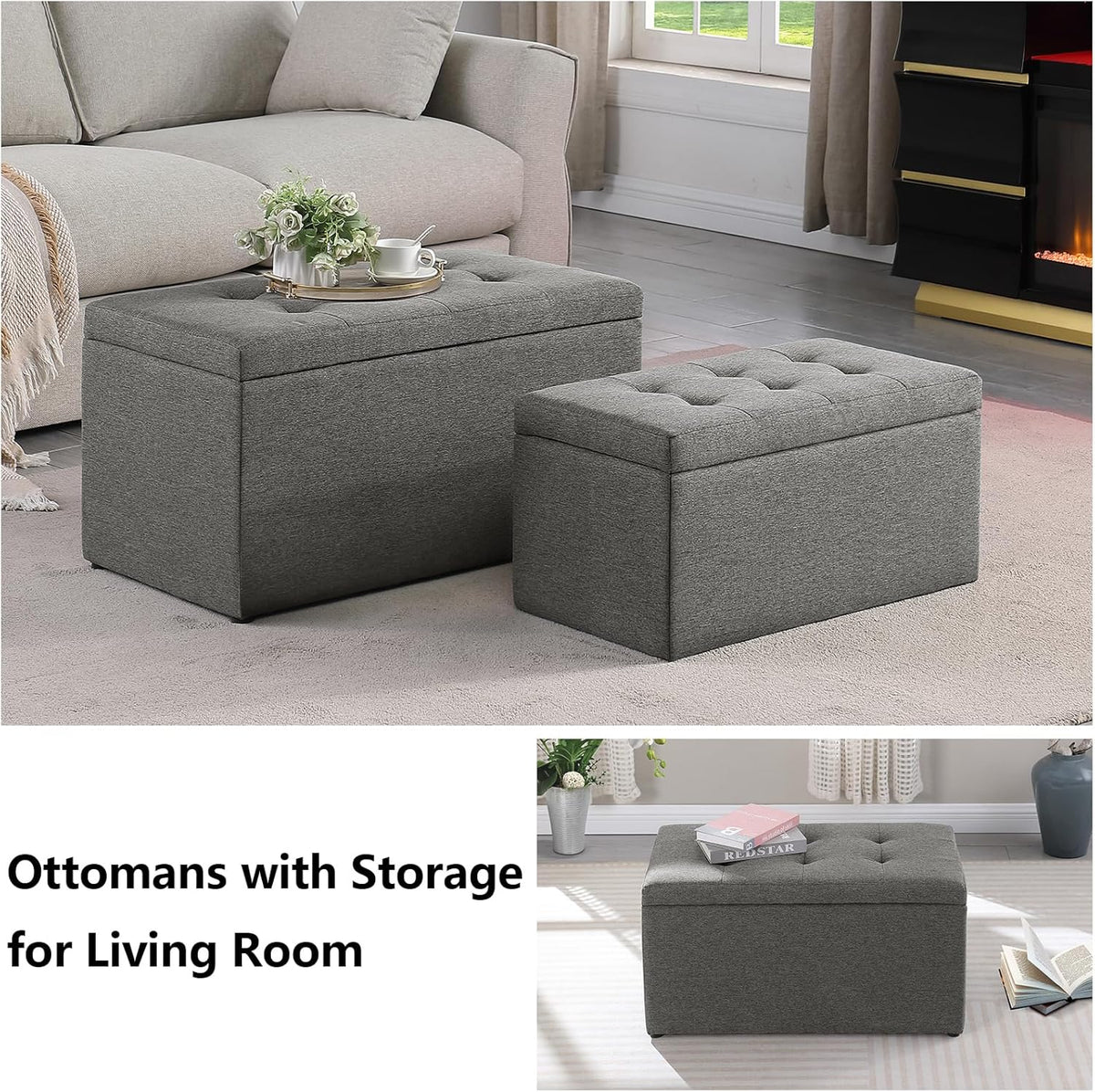 Storage Ottoman Bench with 2.56-inch Thick Seat, 31.5 inch Nesting Ottoman Set of 2, Hinged Flip