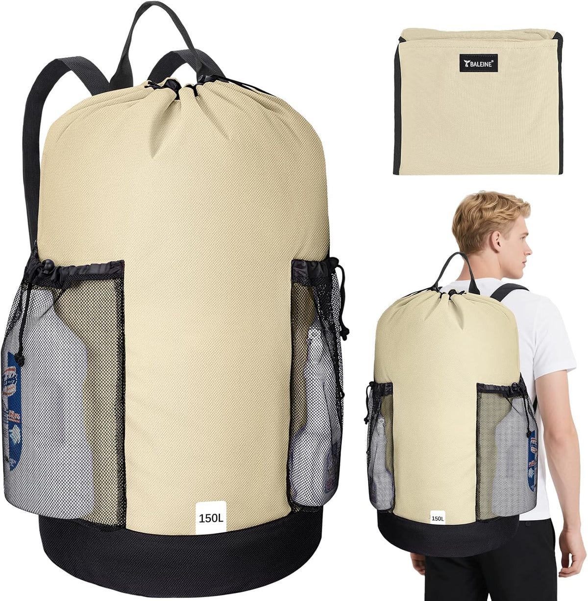 BALEINE 150L Laundry Bag Backpack, 900D Oxford Fabric Large Travel Laundry Bags with Shoulder
