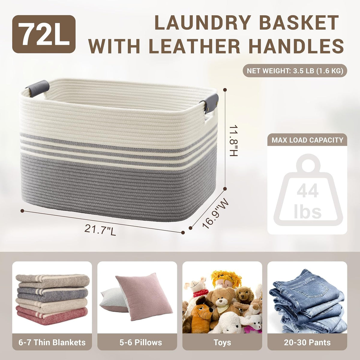 72L Large Laundry Basket with Leather Handles for Living Room Storage, Woven Rope Baskets Bin for