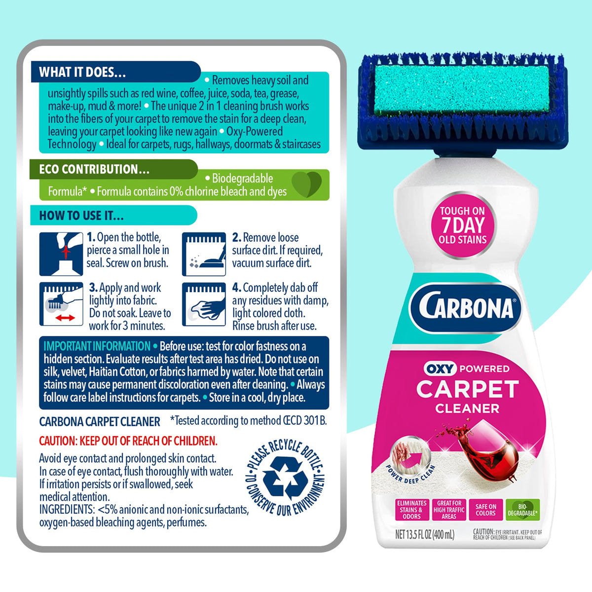Carbona 2-in-1 Oxy-Powered Carpet Cleaner (13.5 Fl Oz), Spot Cleaner with Dual Sponge & Bristle