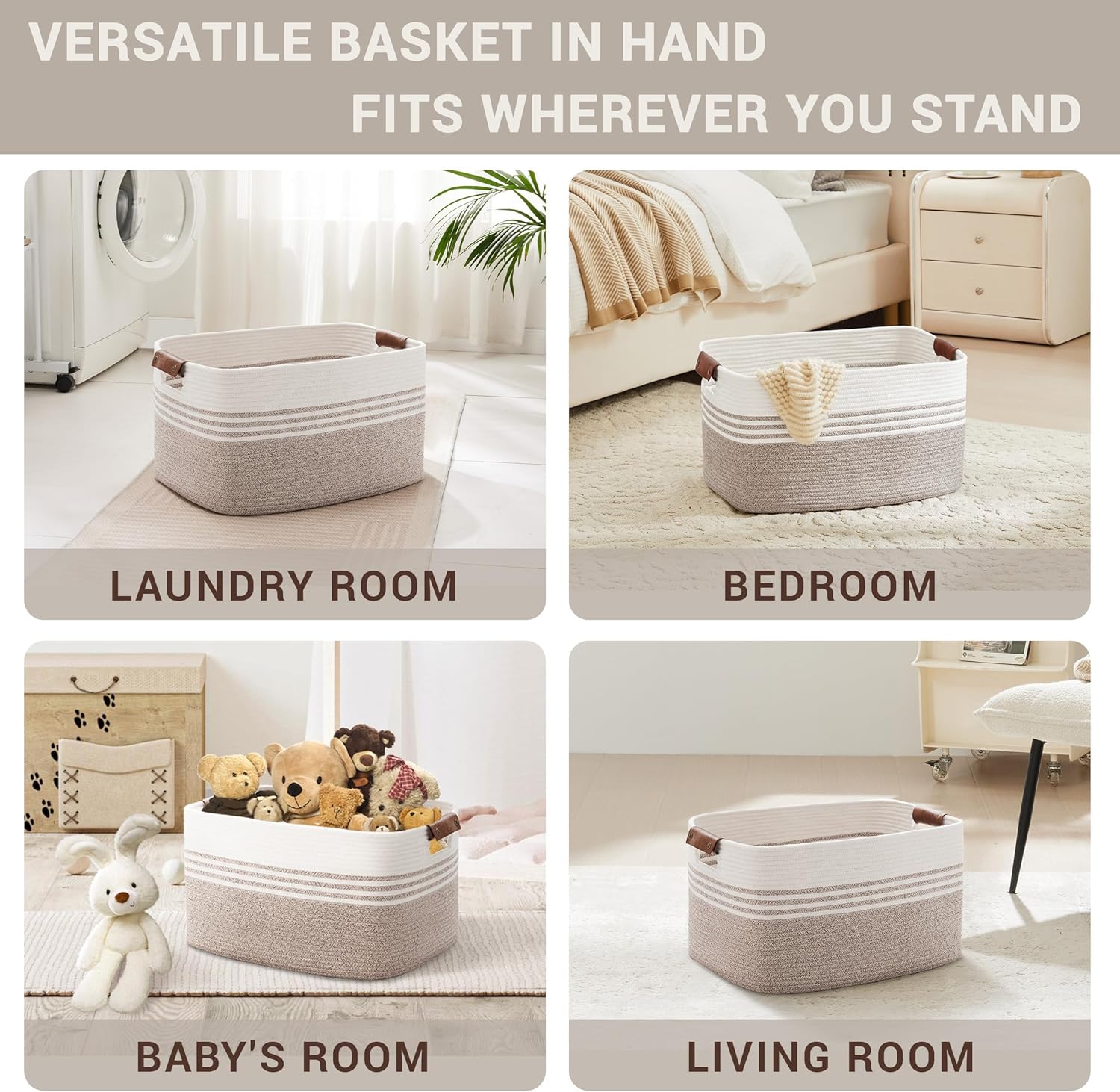 60L Large Laundry Basket with Leather Handles for Living Room Storage, Woven Rope Baskets Bin for