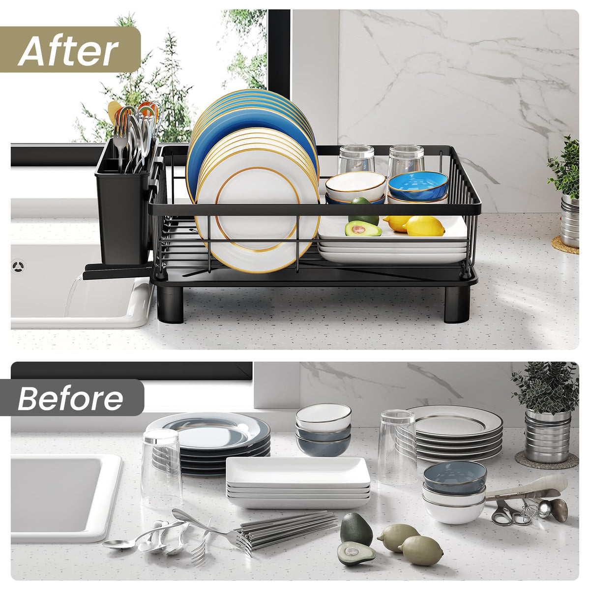 SNTD Dish Drying Rack for Small Kitchen Counter, 11" W x 15" L, Black