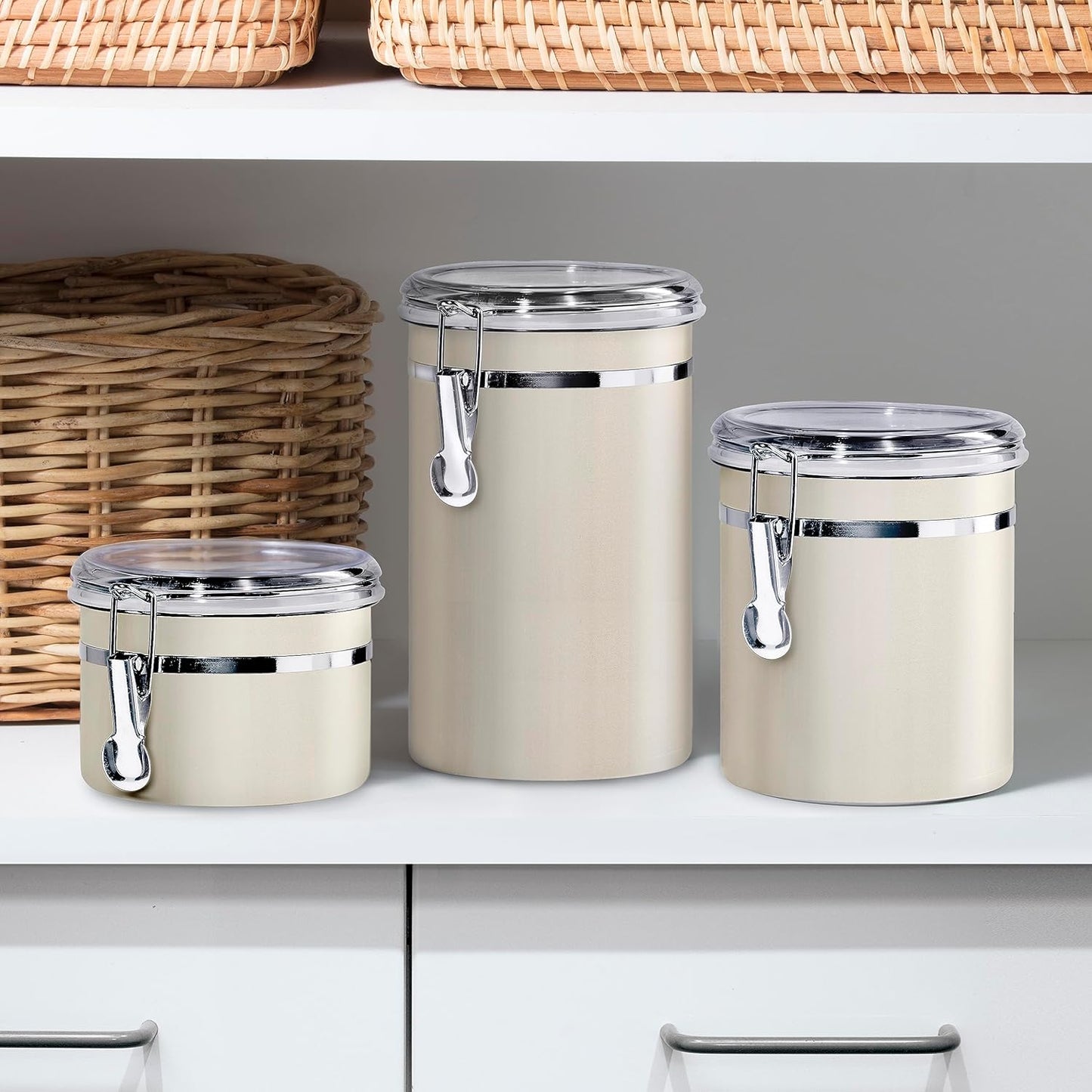 Oggi Stainless Steel Kitchen Canister 26 fl oz, Gray - Airtight Clamp Lid, Clear See-Thru Top