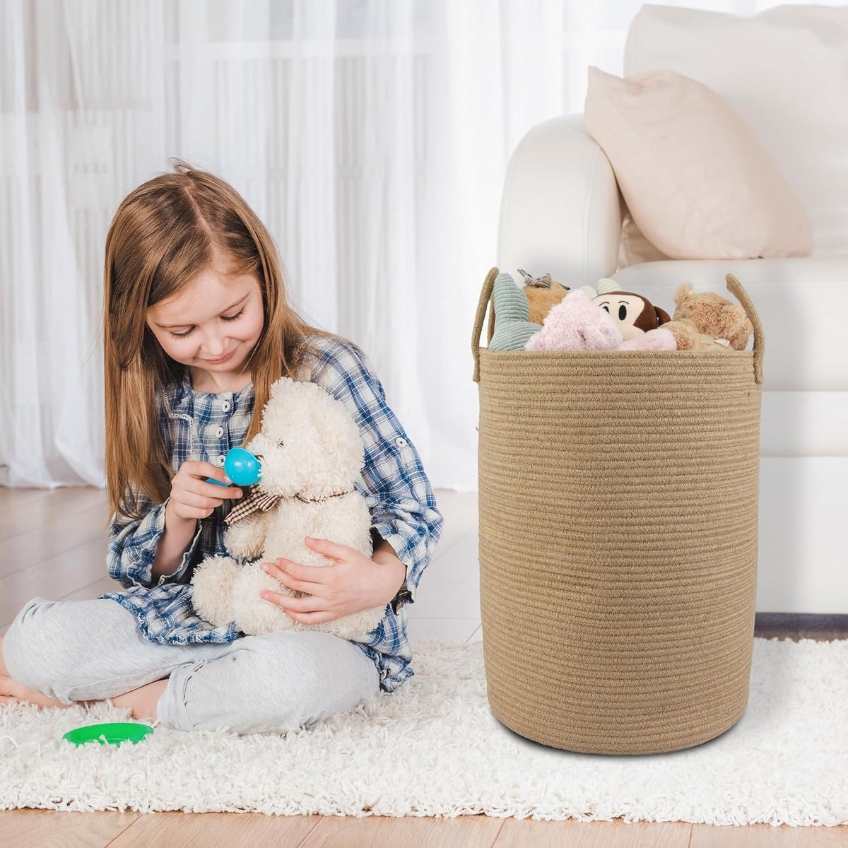 Cotton Rope Laundry Basket Hamper for Clothes Woven Storage Basket for Living Room Bedroom Boho