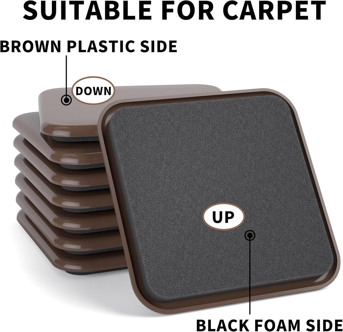 Furniture Sliders, 20 pcs-3 1/2” Square Brown Furniture Sliders for Carpet, Heavy Duty Furniture