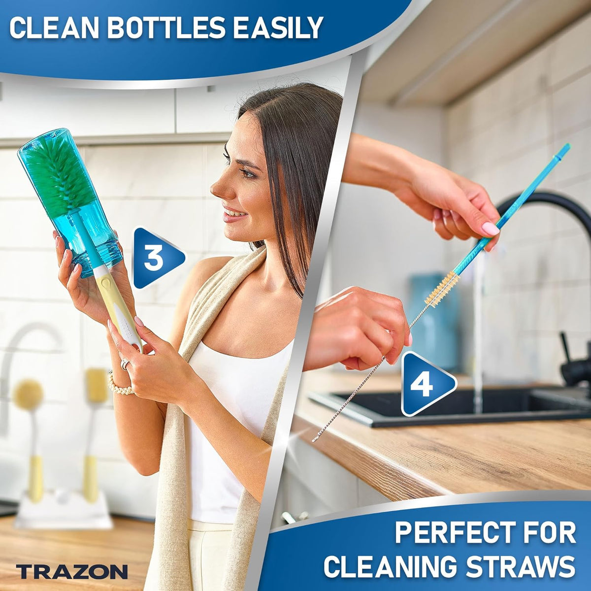 Dish Brush Set of 5 with Holder - Kitchen Scrub Brushes with Non-Slip Long Handle for Cleaning