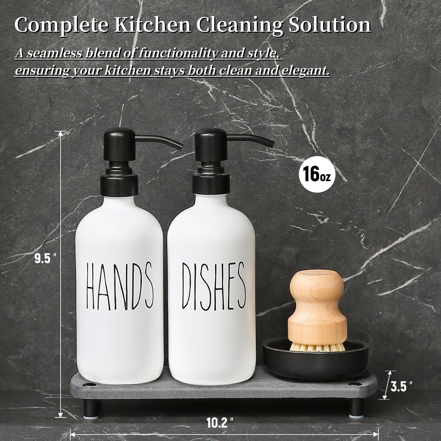 MOMEEMO White Soap Dispenser Set Comes with Stainless Pumps, Black Instant Dry Tray, and Dish Scrub