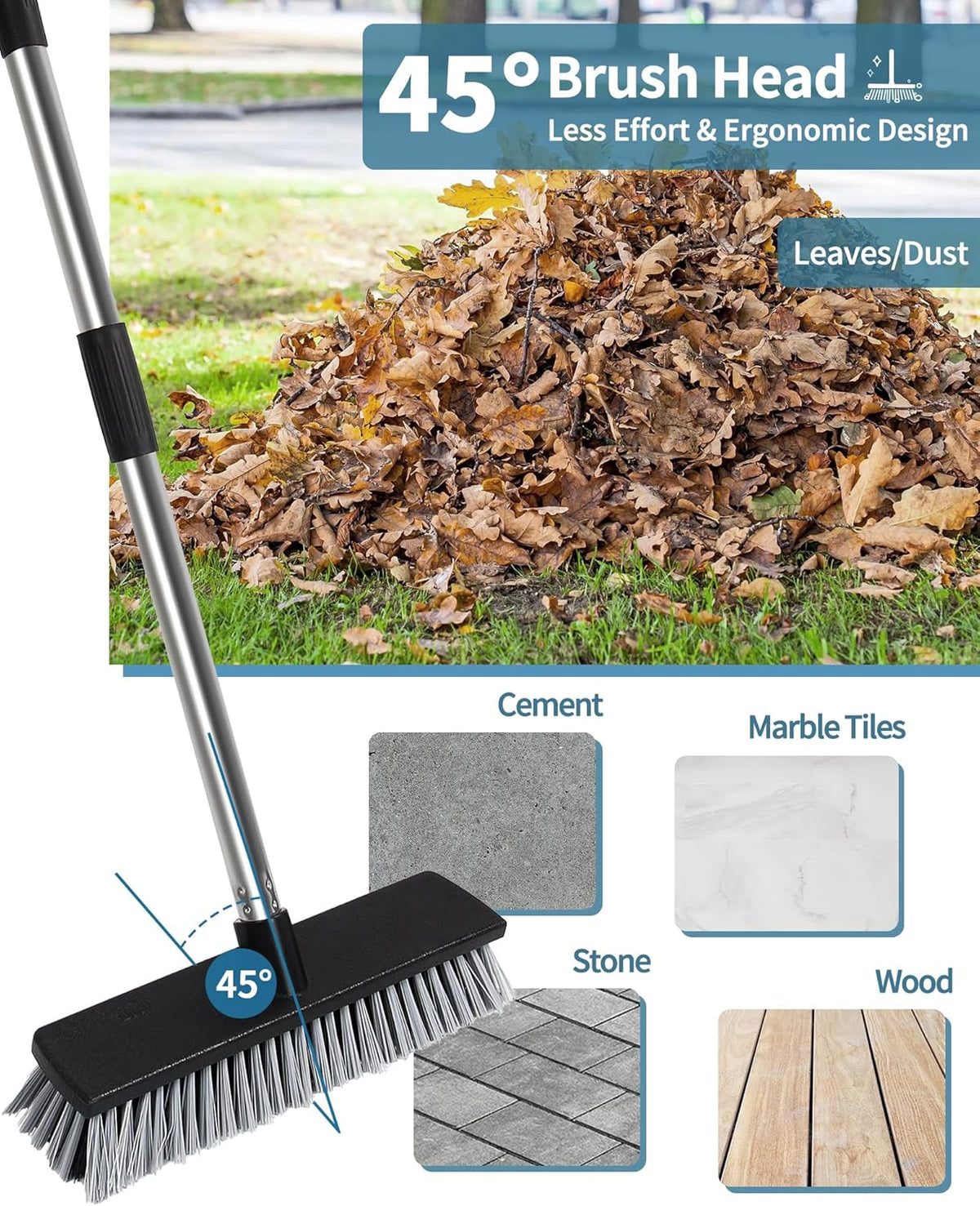 LandHope Hard Bristle Deck Broom Adjustable Long Handle Scrub Brush Heavy Duty Concrete Push Broom