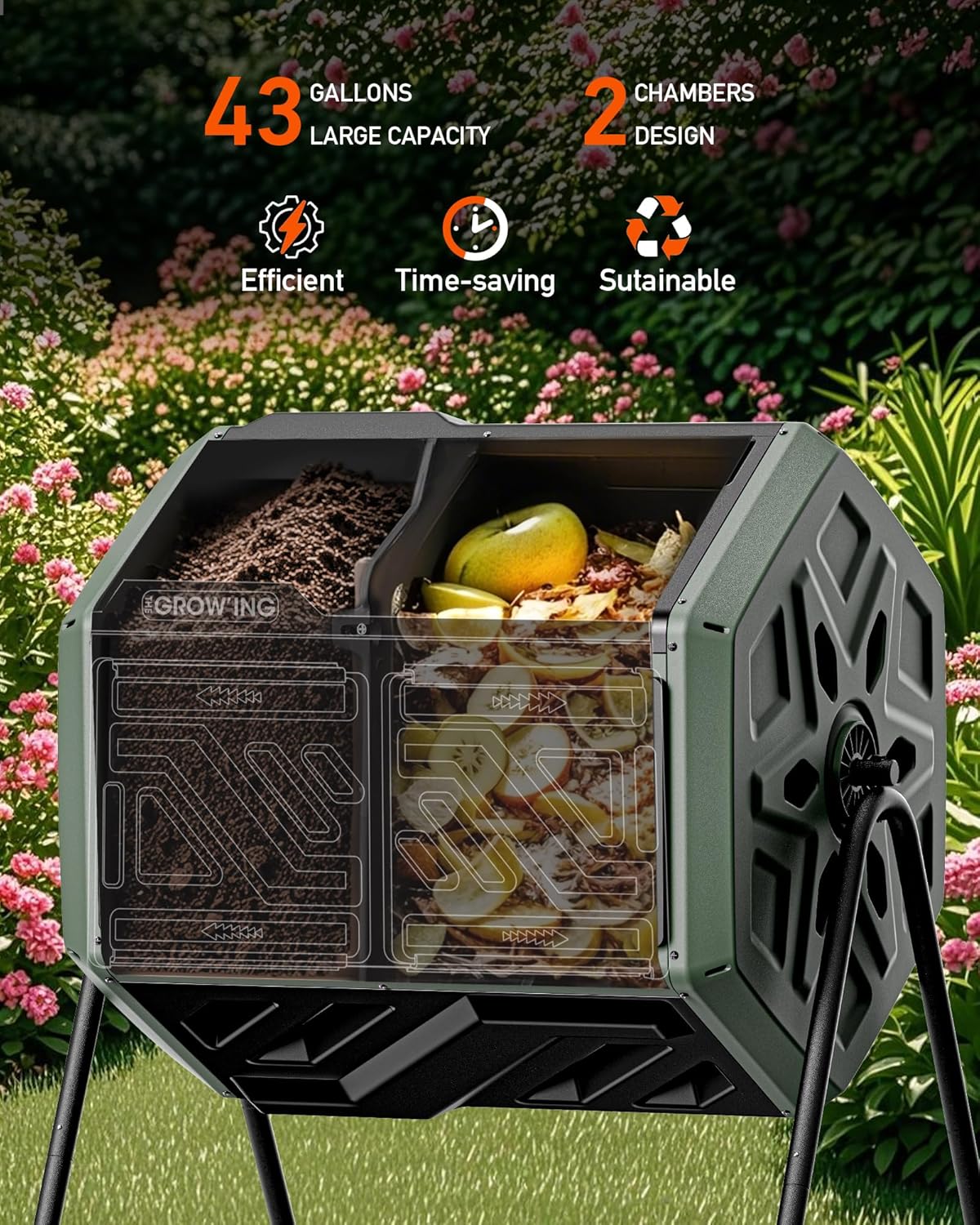 THEGROW'ING Updated 43 Gallon Compost Bin Outdoor, Fast Assemble Tumbling Composter, Dual Chamber