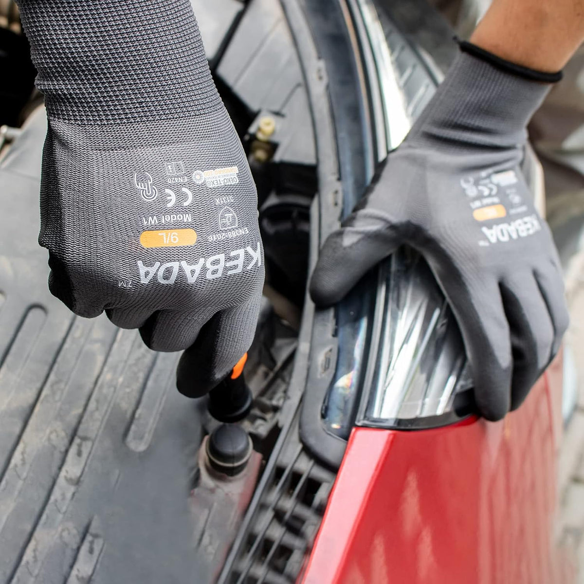 Kebada W1 Work Gloves for Men and Women, Touchscreen PU Coated Gloves with Grip, 50 Pairs Bulk