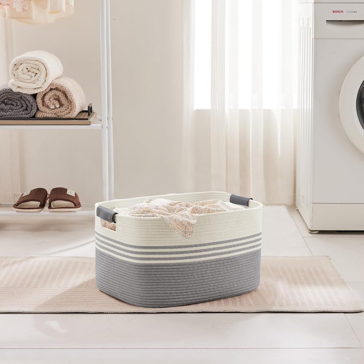 45L Small Laundry Basket with Leather Handles for Living Room Storage, Woven Rope Baskets Bin for