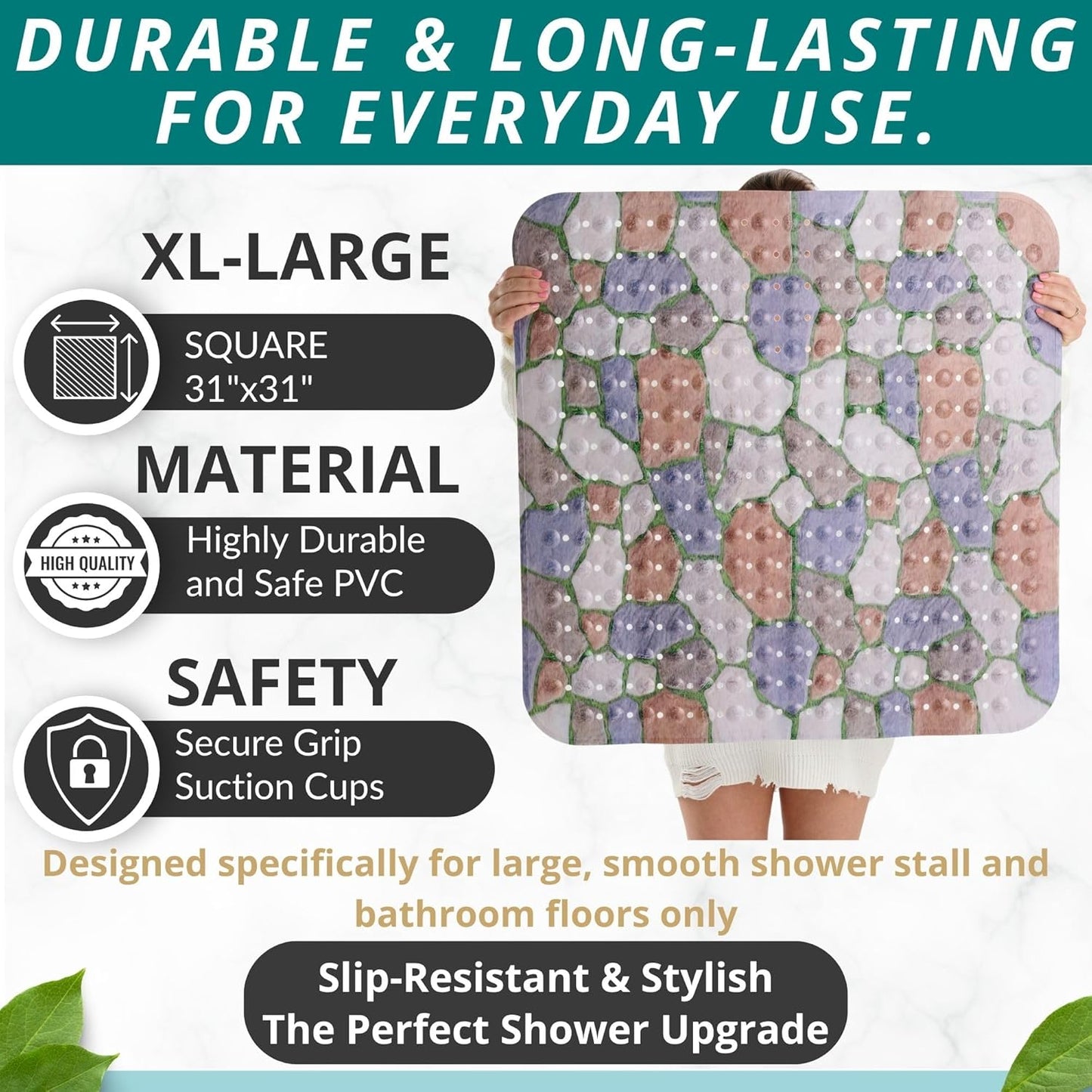 ENKOSI Extra Large Square Non Slip Shower Mat - 31 x 31-inch XL Bathroom Shower Mat - Square Shower