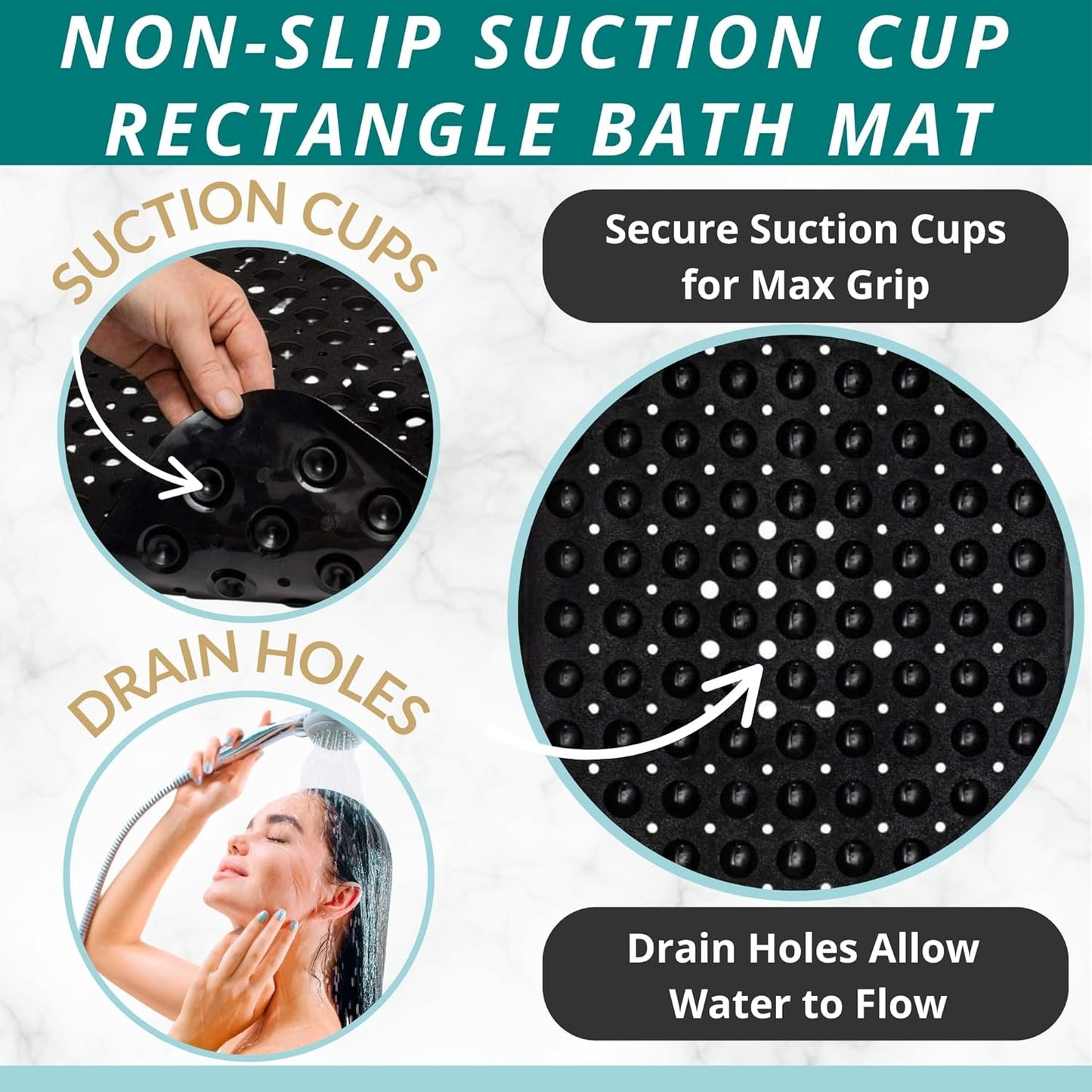 ENKOSI Bath Mat – 40 x 16 Inch Extra Long Non Slip Bathtub Mat – Anti Slip Black Shower Mat with