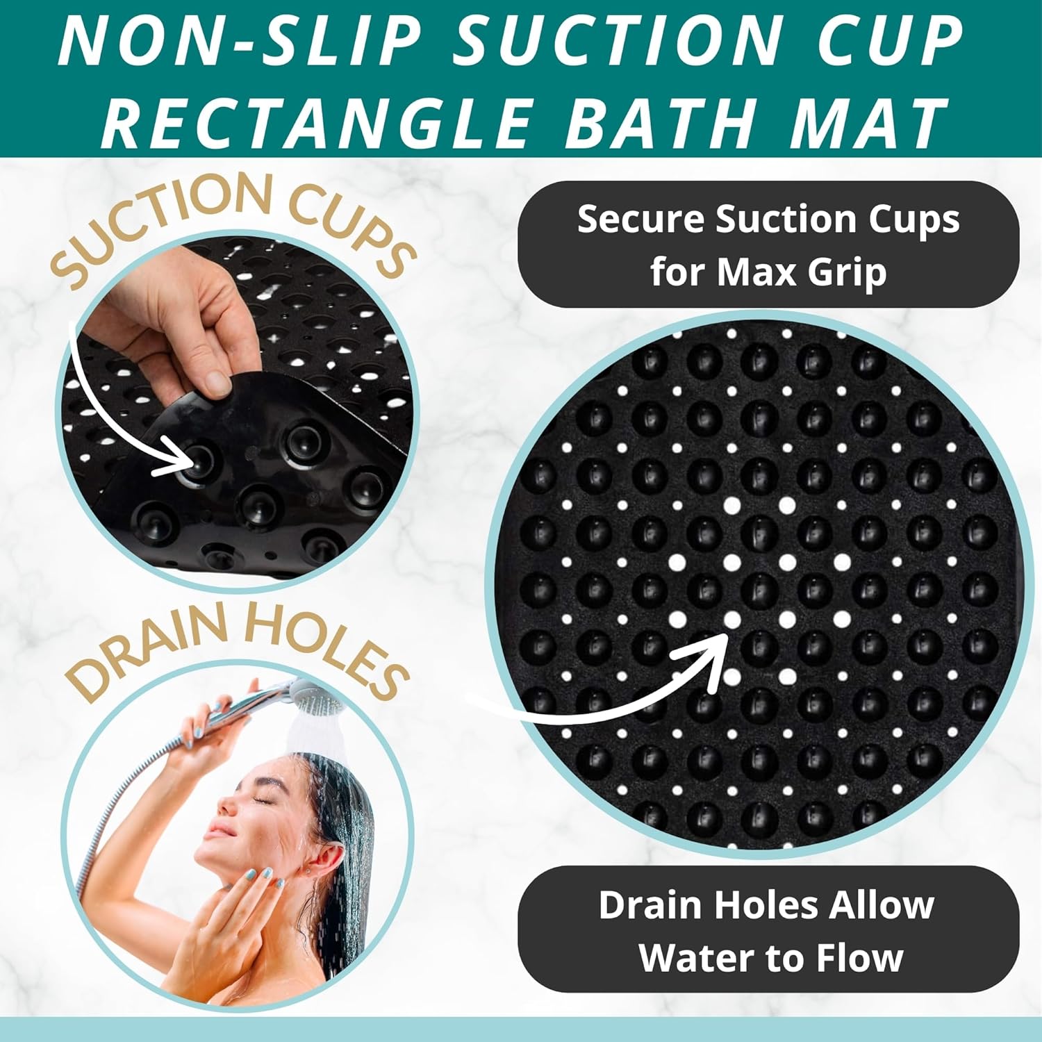 ENKOSI Bath Mat – 40 x 16 Inch Extra Long Non Slip Bathtub Mat – Anti Slip Black Shower Mat with