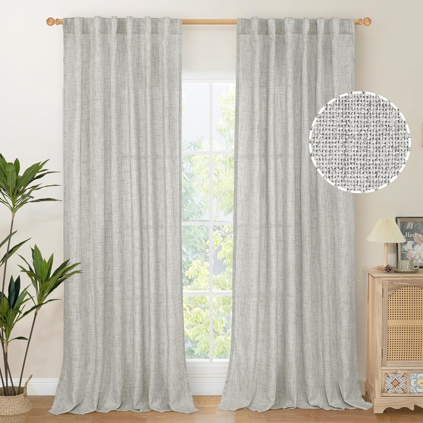 YoungsTex Light Grey Linen Curtains 95 Inches Long for Living Room, Floor Length Semi Sheer Drapes