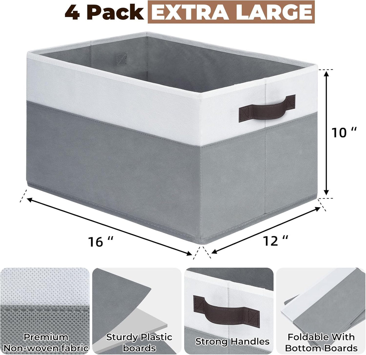 Criusia Extra Large Storage Bins 4 Pack - 16x12in Closet Organizers and Storage Baskets for