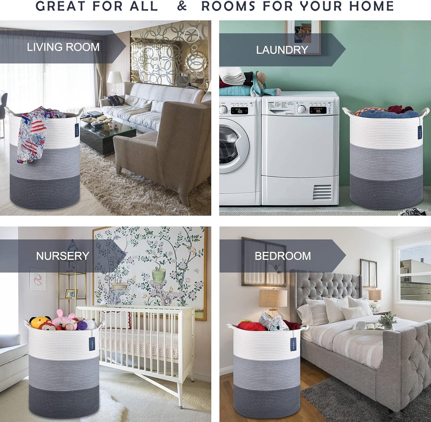 COMSE Laundry Hamper, Extra Large 15.7"x 21.7", Cotton Rope Basket, Portable, White & Light Gray &