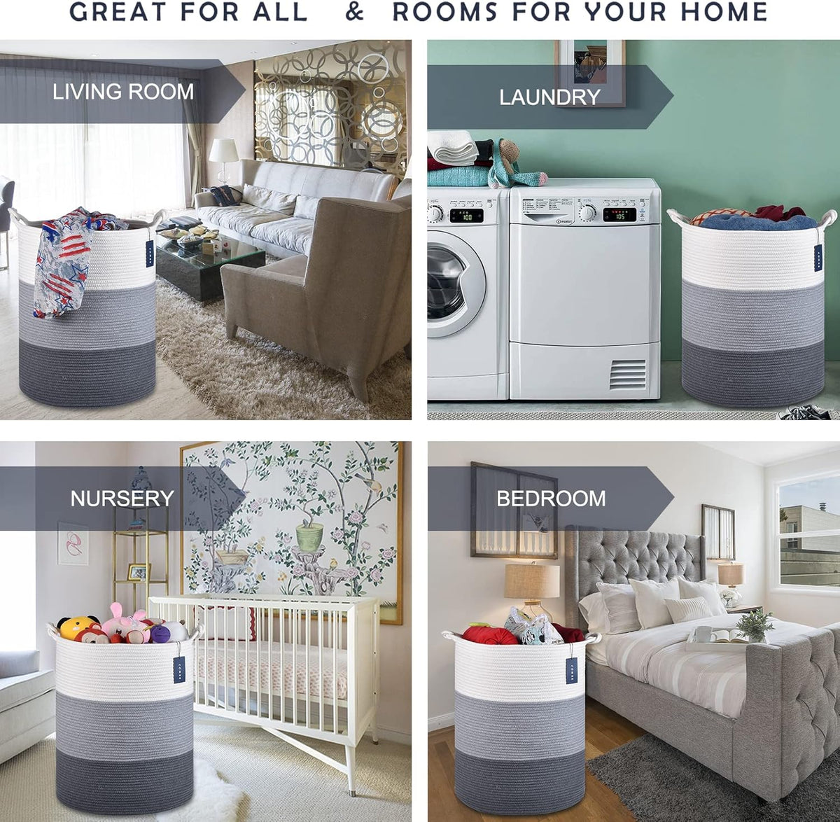 COMSE Laundry Hamper, Extra Large 15.7"x 21.7", Cotton Rope Basket, Portable, White & Light Gray &