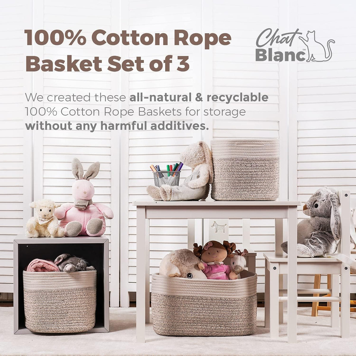 CHAT BLANC Cotton Rope Baskets for Organizing | 15”x10”x9” Storage Baskets for Shelves | Small