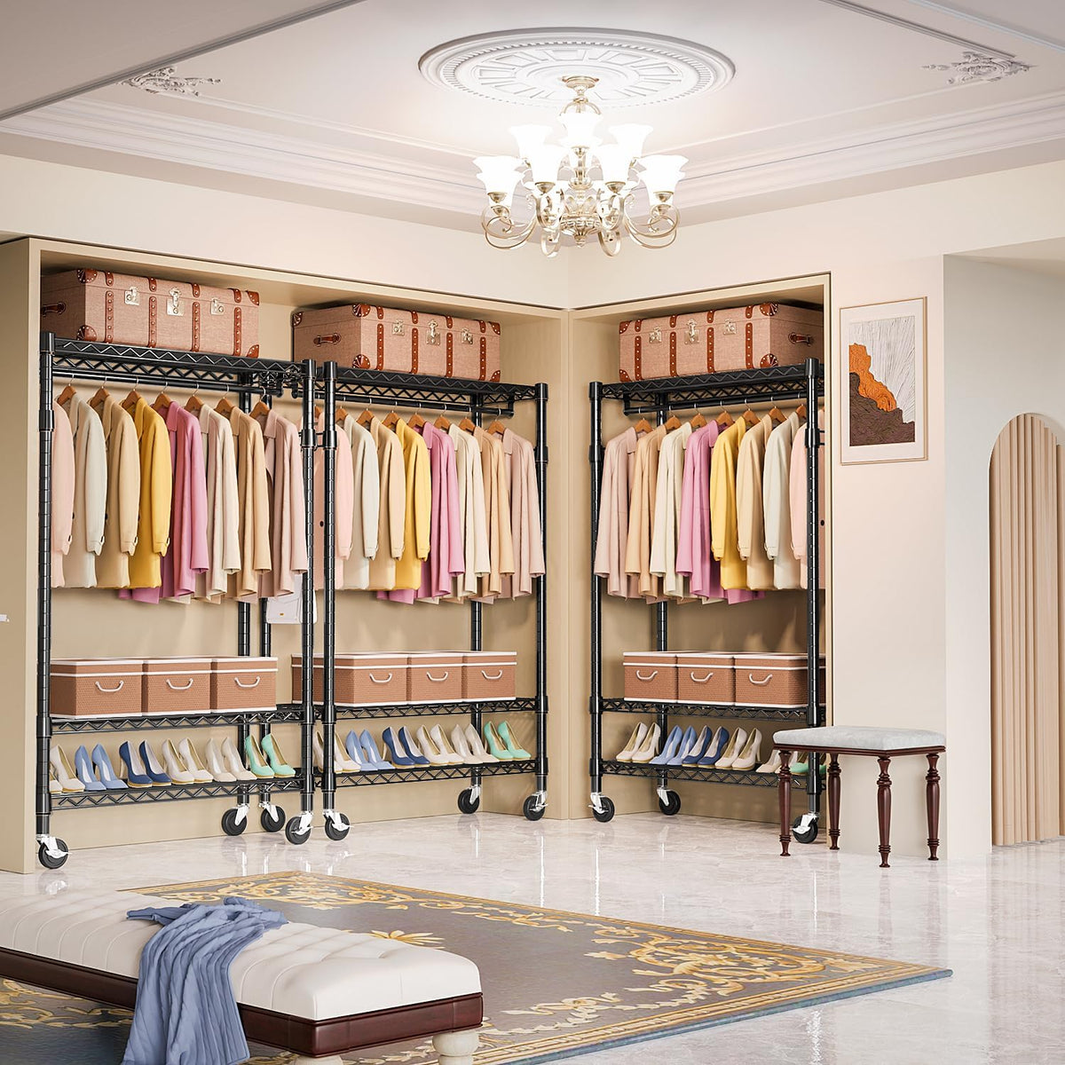 Heavy Duty Rolling Garment Rack 3 Tiers Adjustable Wire Shelving Clothes Rack with Rods and Side