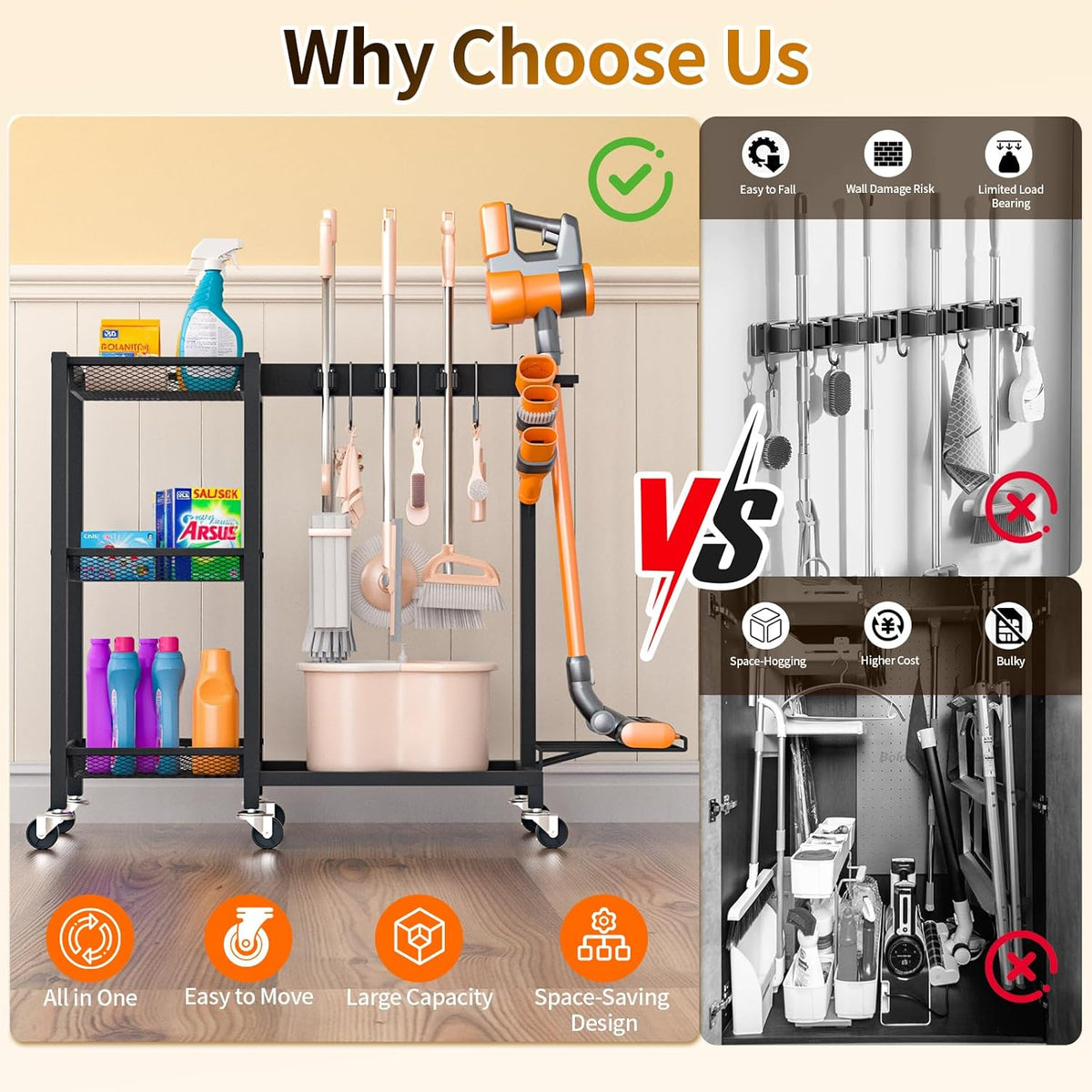 Cleaning Supplies Organizer with Broom Holder Load 350 LBS Cleaning Cart with Wheels Broom Closet