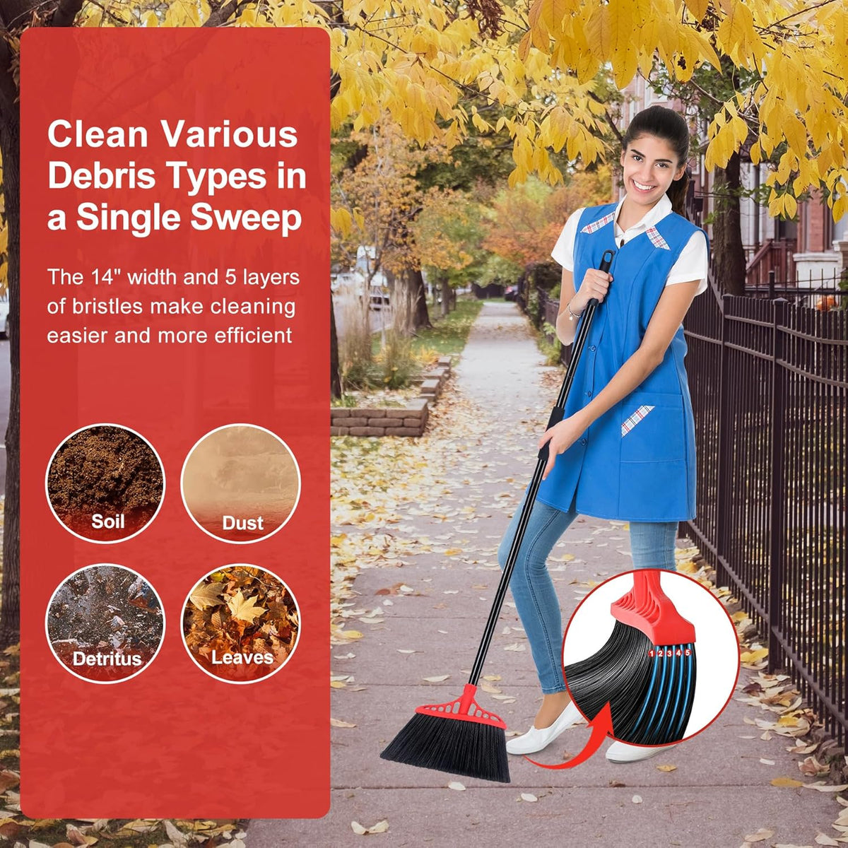 Heavy Duty Angle Broom - 55" Adjustable Iron Handle with Stiff Bristles - Commercial-Grade