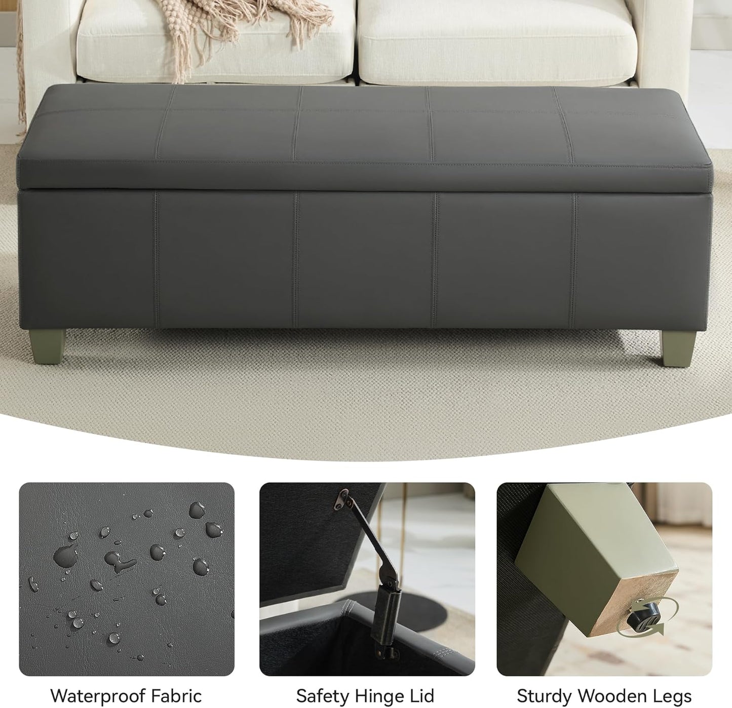 51" Faux Leather Storage Ottoman, Stitch Tufted Rectangle Upholstered End of Bed Storage Bench