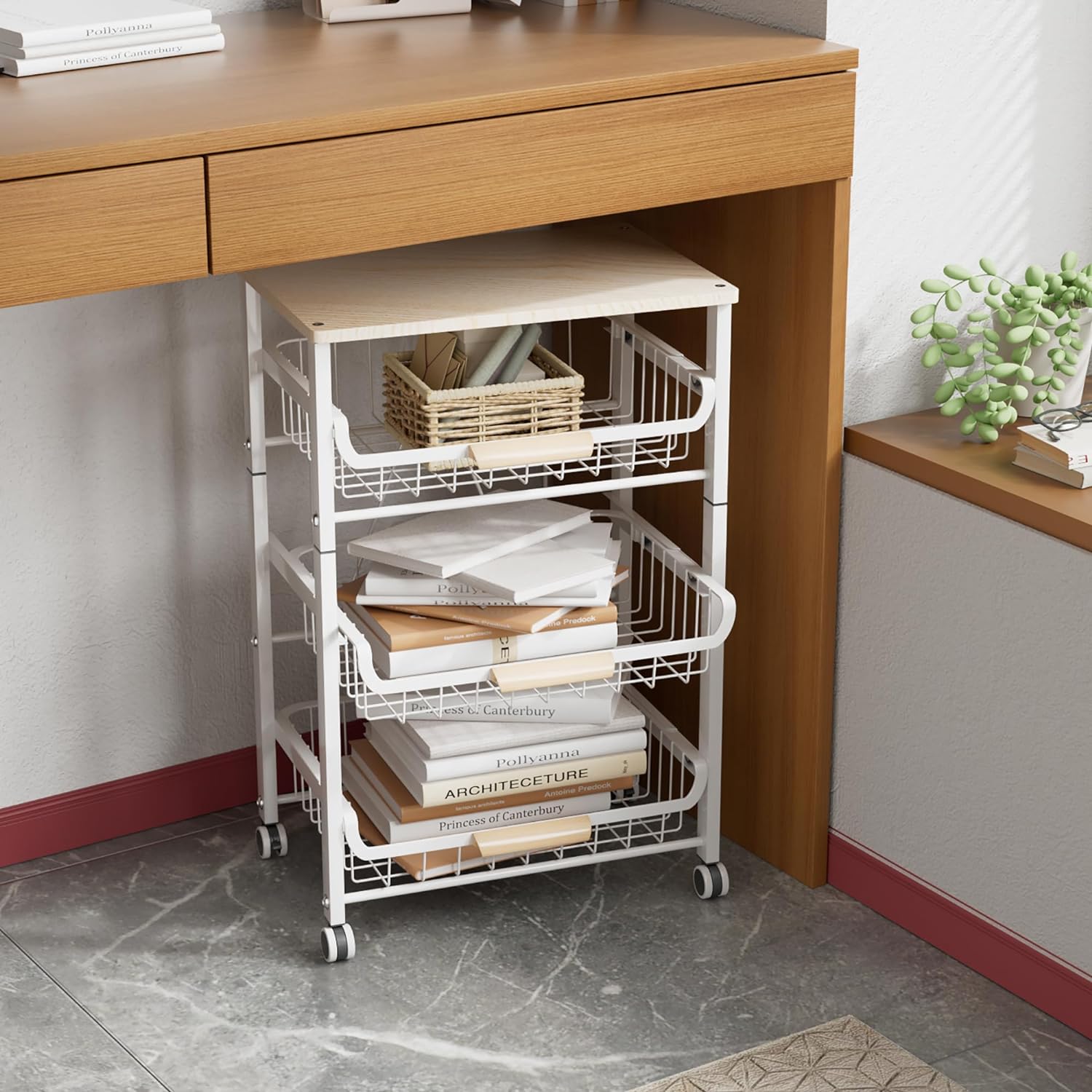 4-Layer Fruit Basket Kitchen Food Organizer and Rack, Stackable Storage Cart with Desktop, Pull-Out