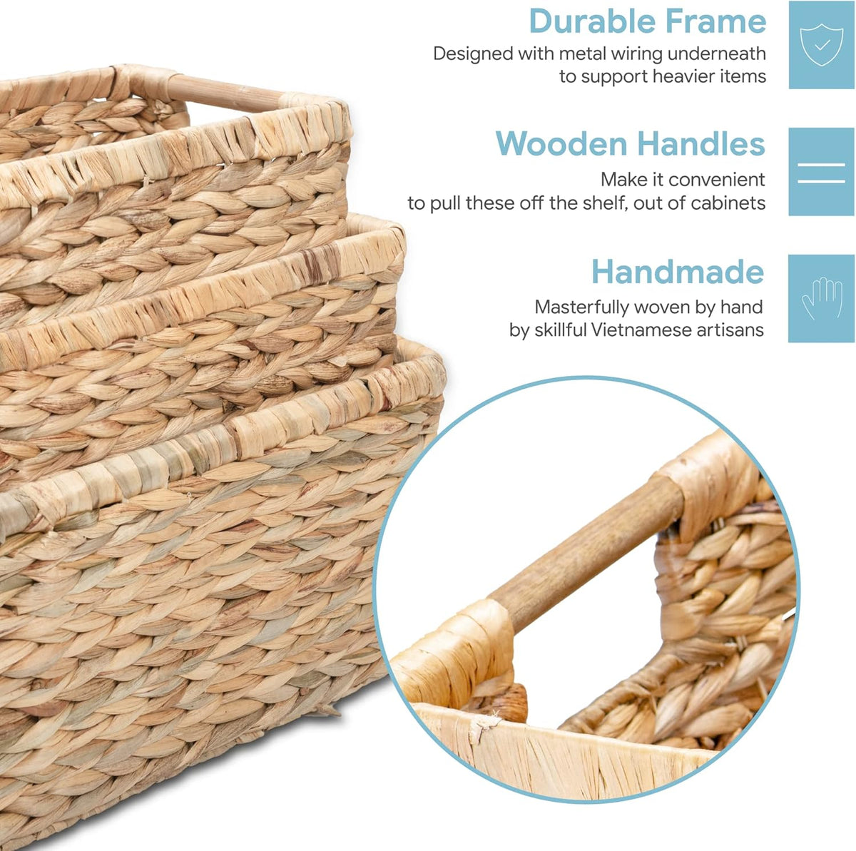 Water Hyacinth Storage Baskets with Wooden Handles, Rectangular Woven Organizer Bins for Closet