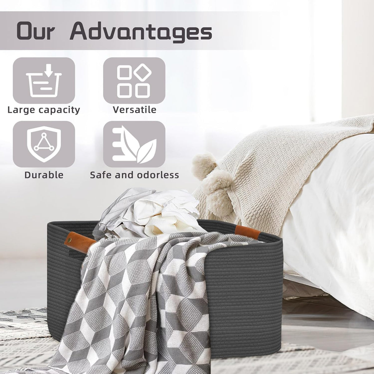 Large Collapsible Laundry Basket, Clothes Hamper for Blanket, Toy, Towels, Woven Baskets for