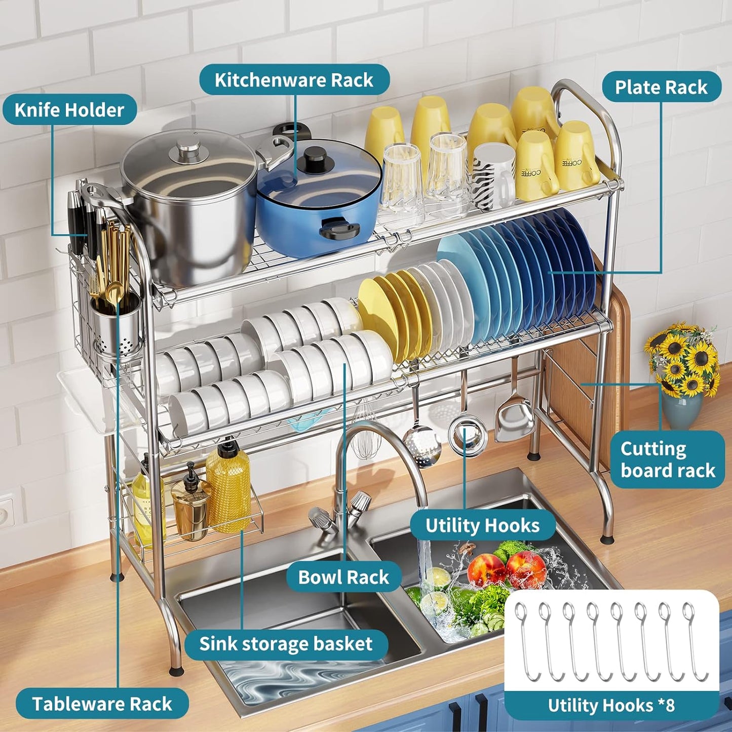 HOWDIA Stainless Steel 2-Tier Over The Sink Dish Drying Rack with Utensil Holder, Large, for