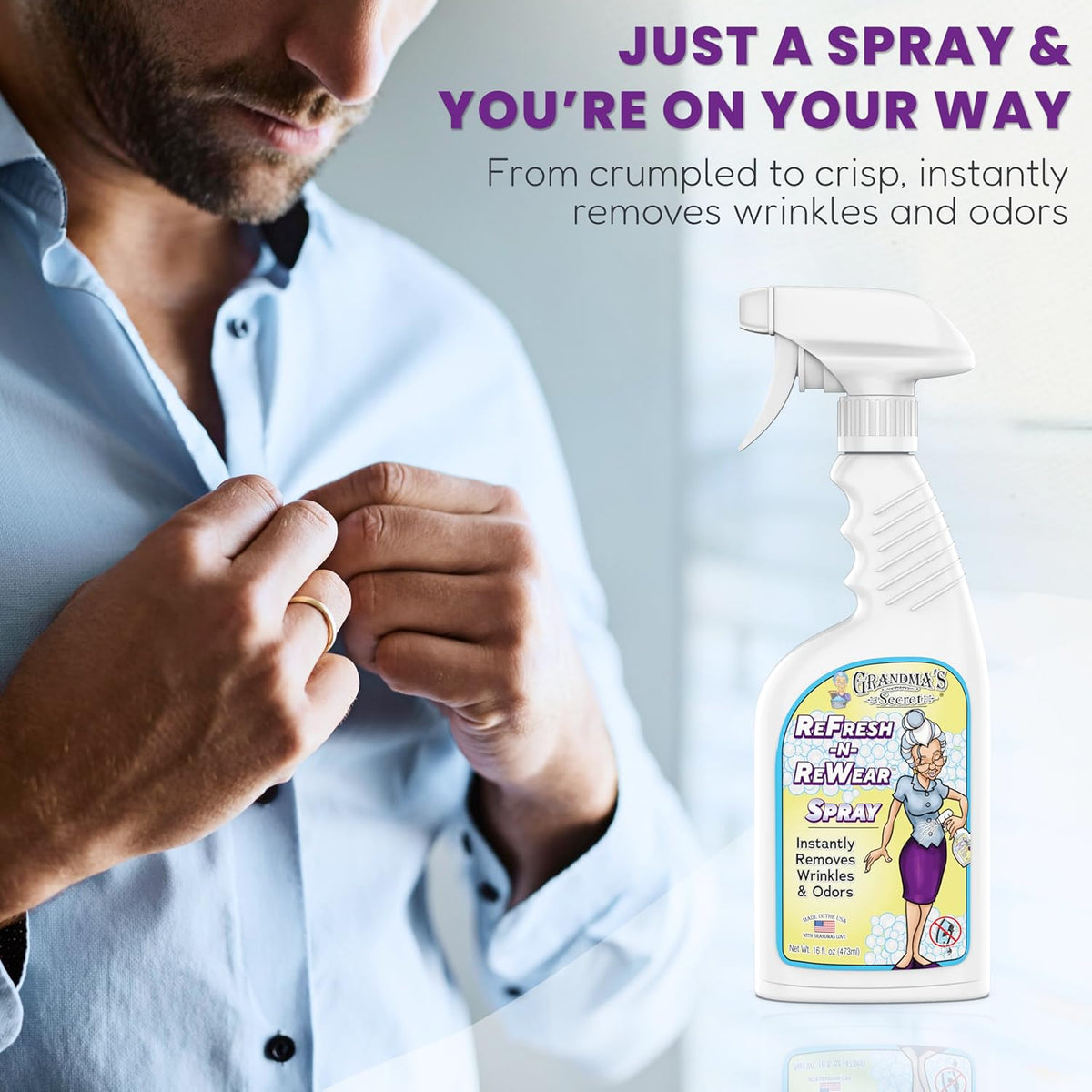 Grandma's Secret ReFresh N ReWear Spray - Instantly Removes Wrinkles & Odors - Wrinkle Release