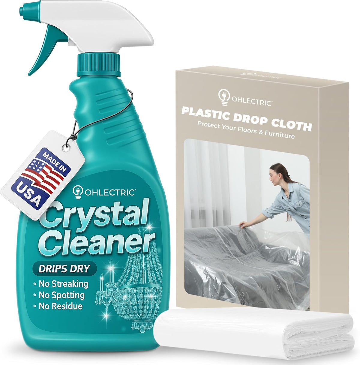 Crystal Chandelier Cleaner Spray Kit & Plastic Drop Cloth for Protection (32 oz) Drips Dry - No