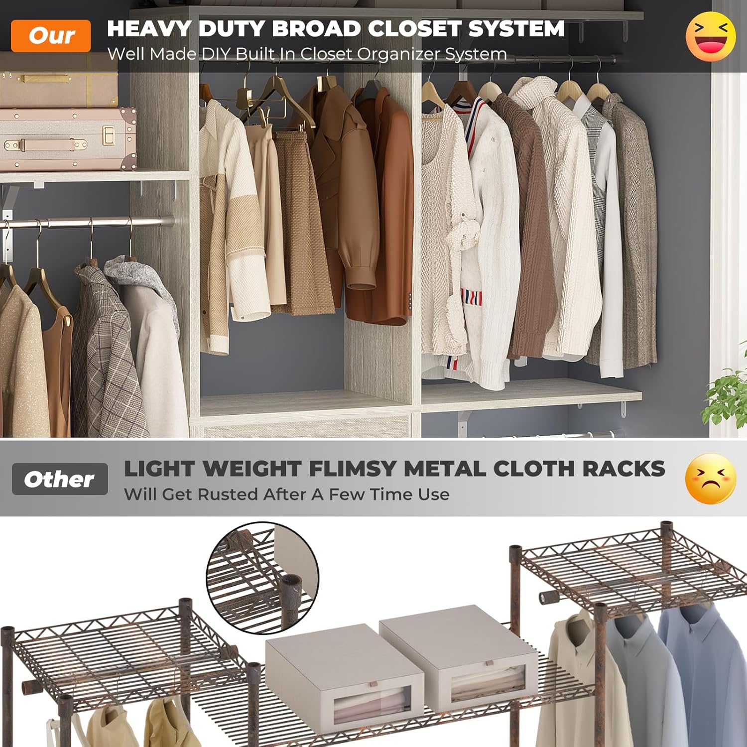 Armocity 5FT Small Closet System with 3 Fabric Drawers, 60'' Walk In Closet Organizer System With 3