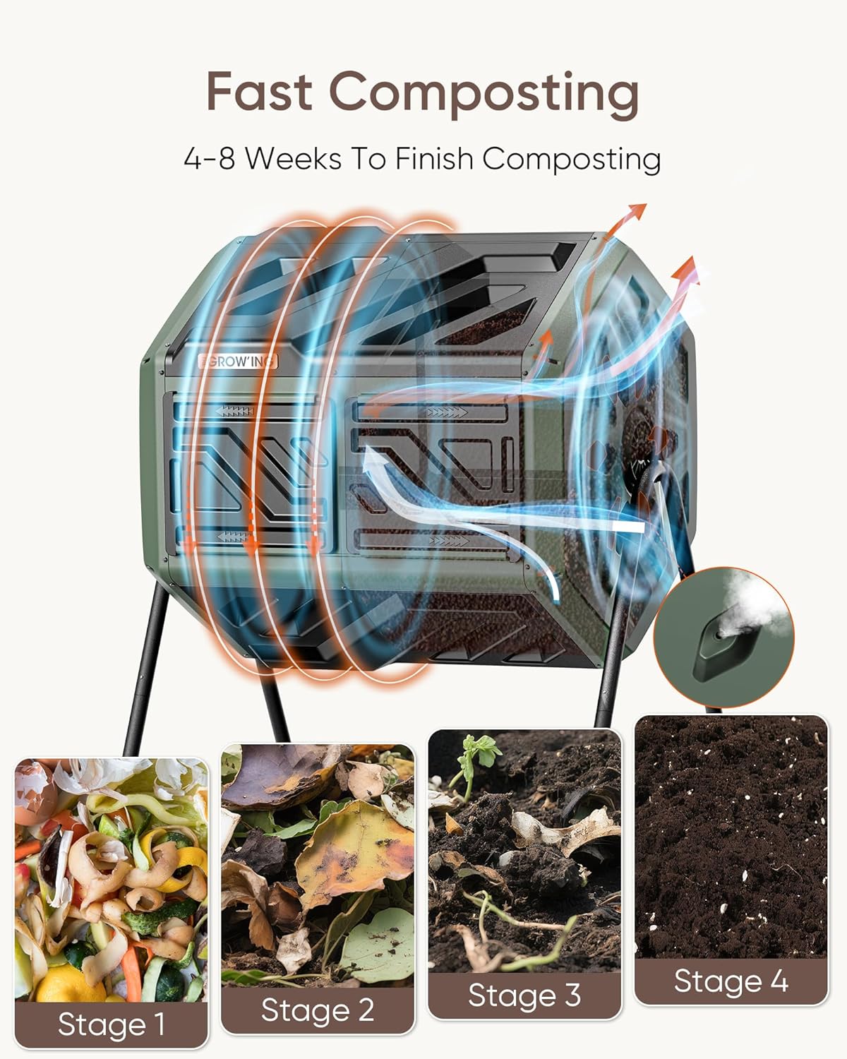 THEGROW'ING Updated 43 Gallon Compost Bin Outdoor, Fast Assemble Tumbling Composter, Dual Chamber
