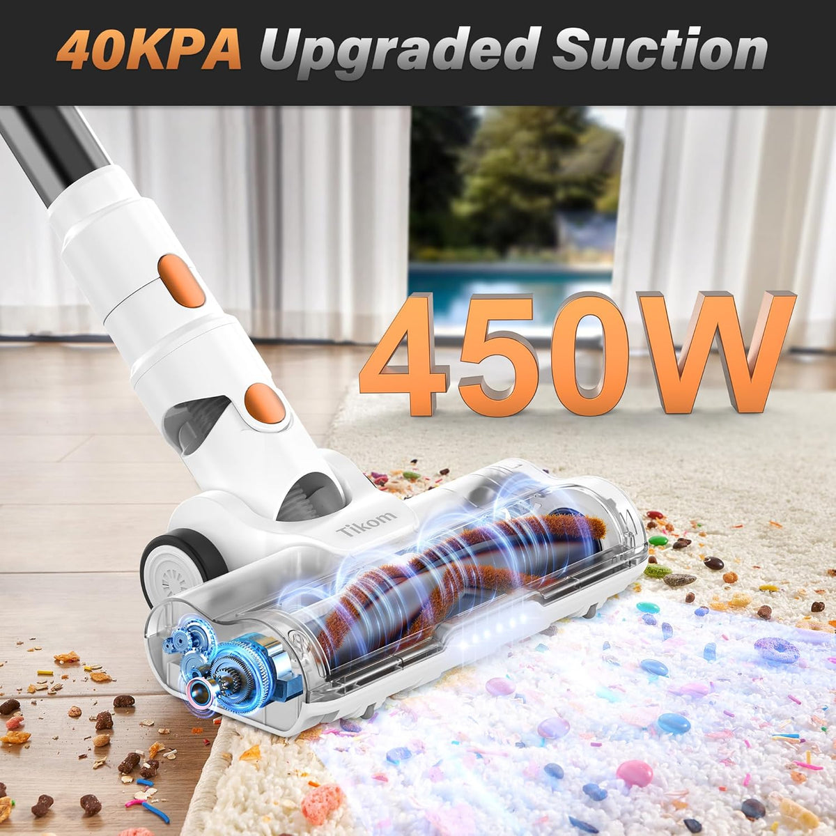 Tikom V500 Cordless Vacuum Cleaner for Home, 40000Pa/450W Stick Vacuum with LED Touch Screen