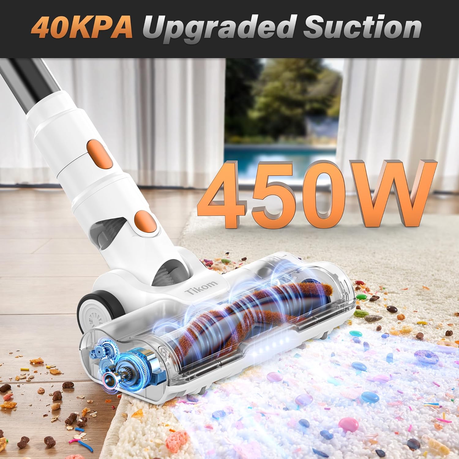 Tikom V500 Cordless Vacuum Cleaner for Home, 40000Pa/450W Stick Vacuum with LED Touch Screen