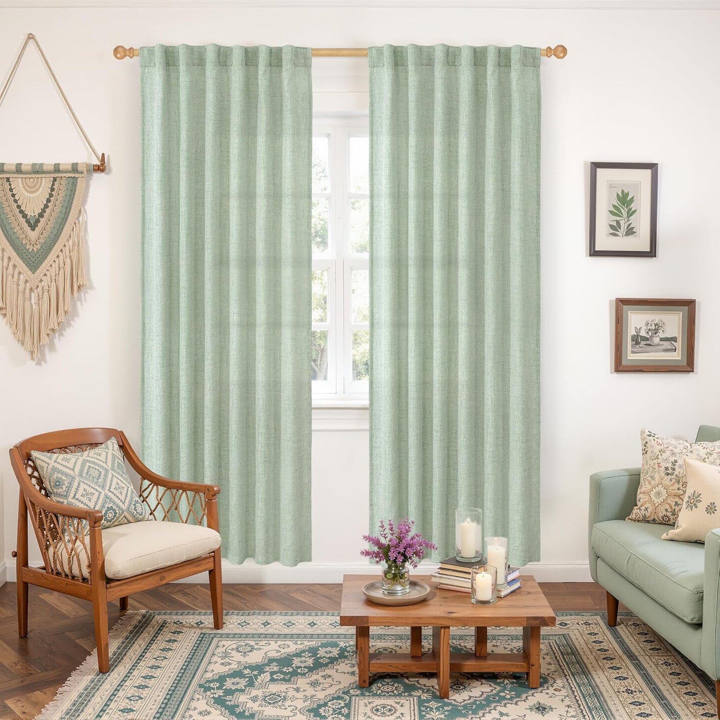 YoungsTex Sage Green Linen Curtains 78 Inches Long for Living Room, Semi Sheer Window Drapes Light