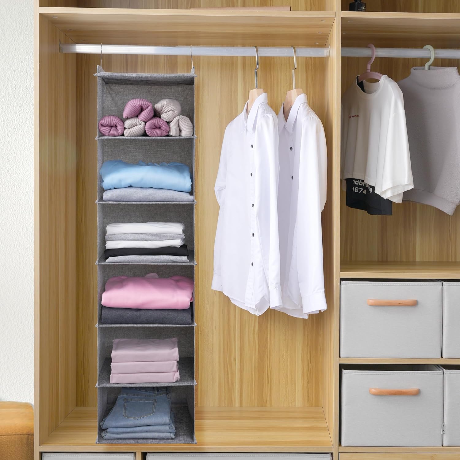 Large Hanging Sweater Organizer for Closet,Collapsible 6-Shelf Hanging Closet Shelves with Drawers