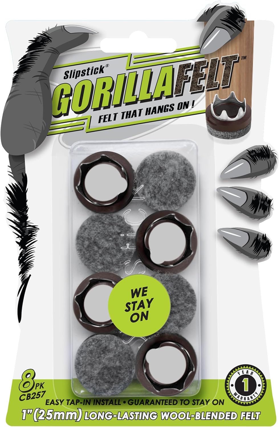 GorillaFelt CB257 Chair Leg Floor Protectors/Felt Glides (Set of 8) Tap On Felt Furniture Pads